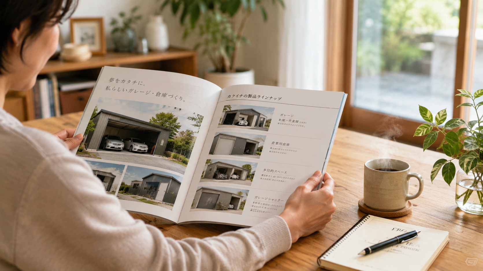 将来のガレージや倉庫の夢を叶える第一歩として、お家で気軽にカクイチの製品カタログを広げて眺めているイメージ