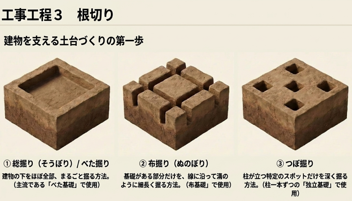 工事工程 ３ 根切り 建物を支える土台づくりの第一歩
