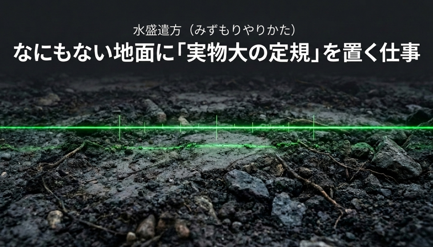工事工程　水盛遣方　何もない地面に「実物大の定規」を置く