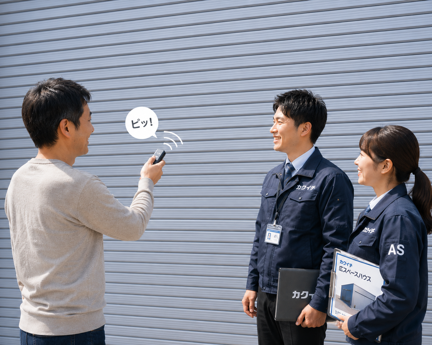 リモコン一つでスムーズに開閉するカクイチの便利な電動シャッター付き鉄骨ガレージ