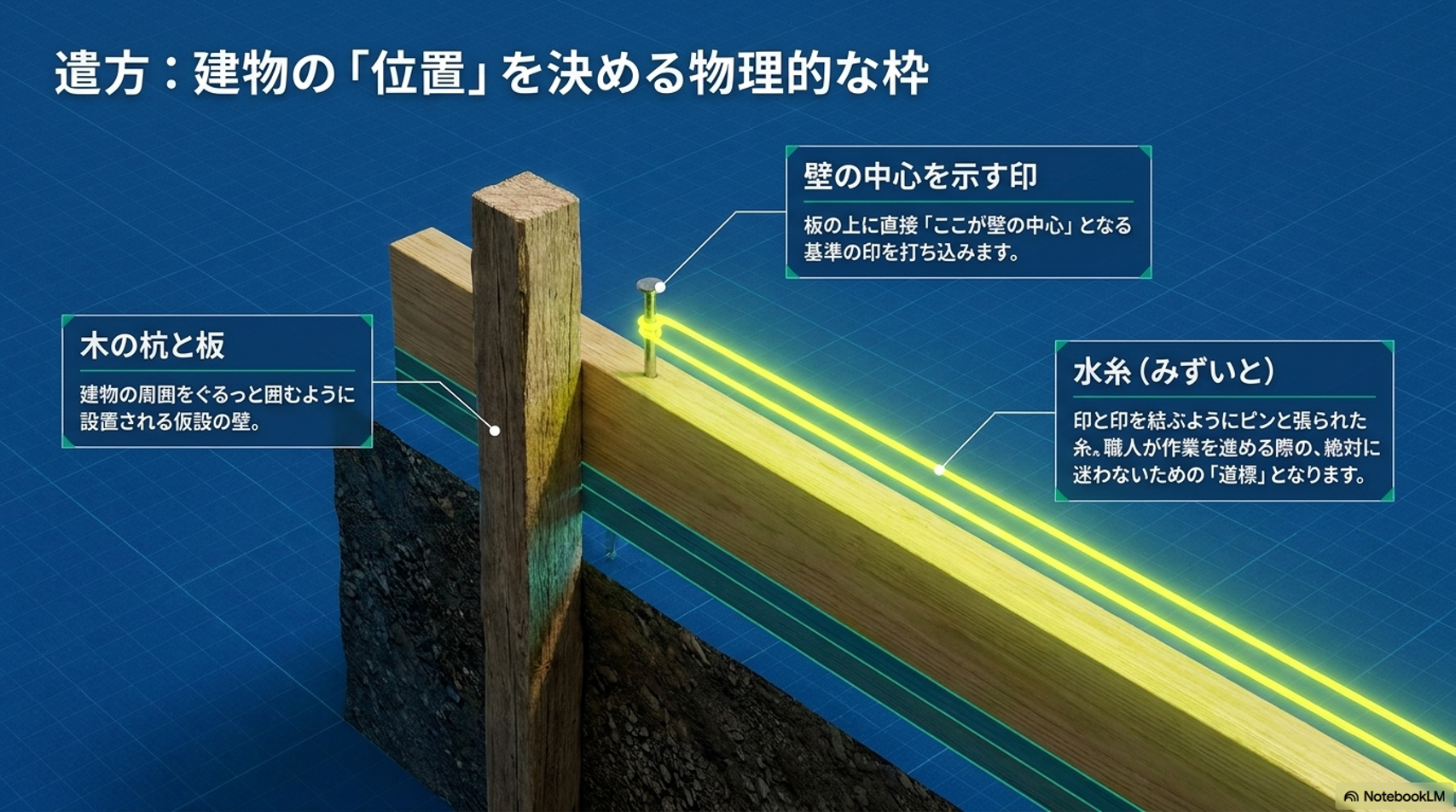 工事工程 ２ 水盛遣方（４）建物の位置を示す木枠
