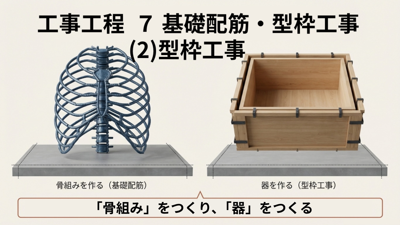 工事工程 ７ 基礎配筋・型枠工事（２）型枠工事　コンクリートを受け止める、「器」をつくる