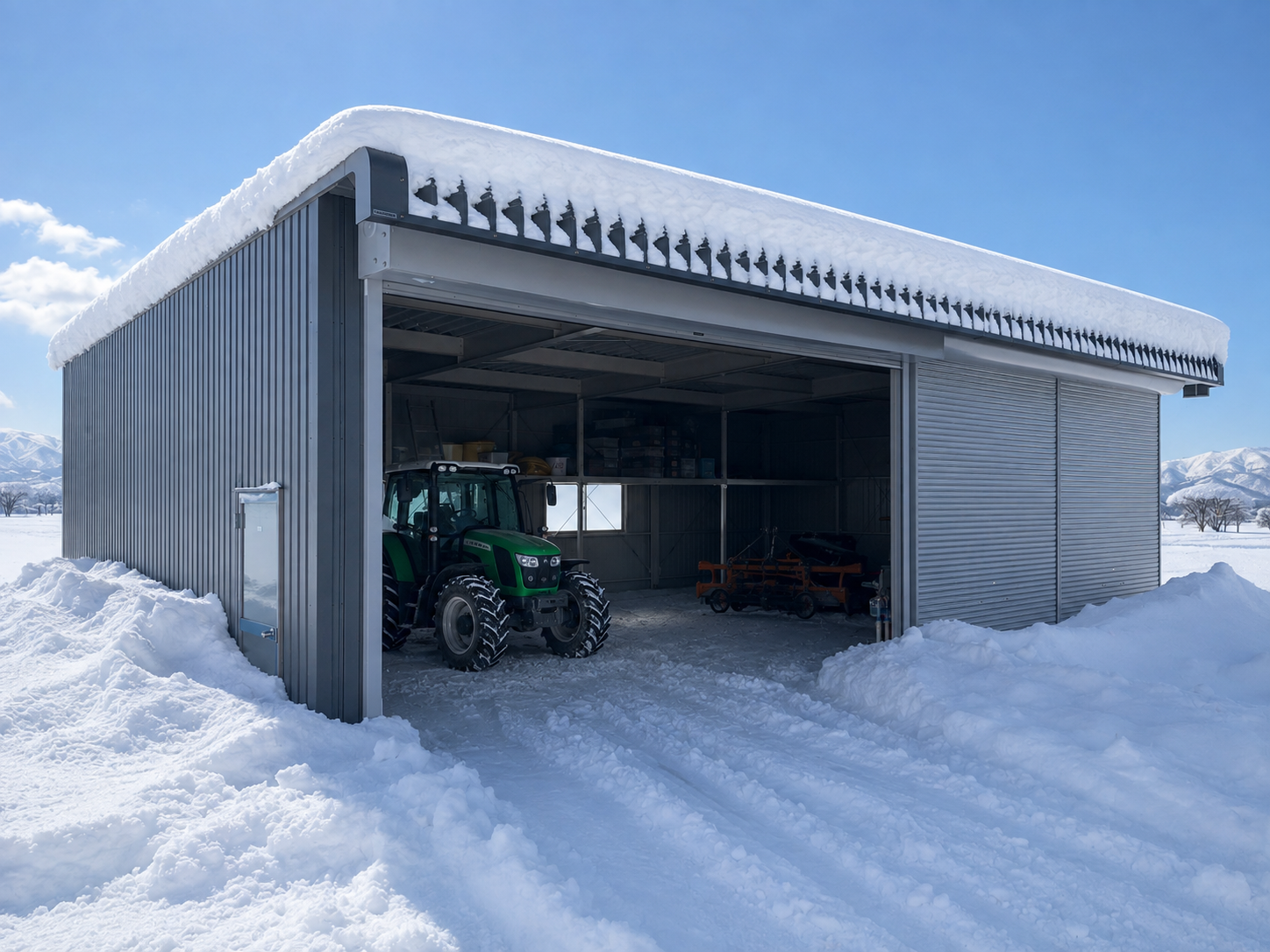 山形県の積雪に耐える頑丈なカクイチ鉄骨倉庫・農機具格納庫