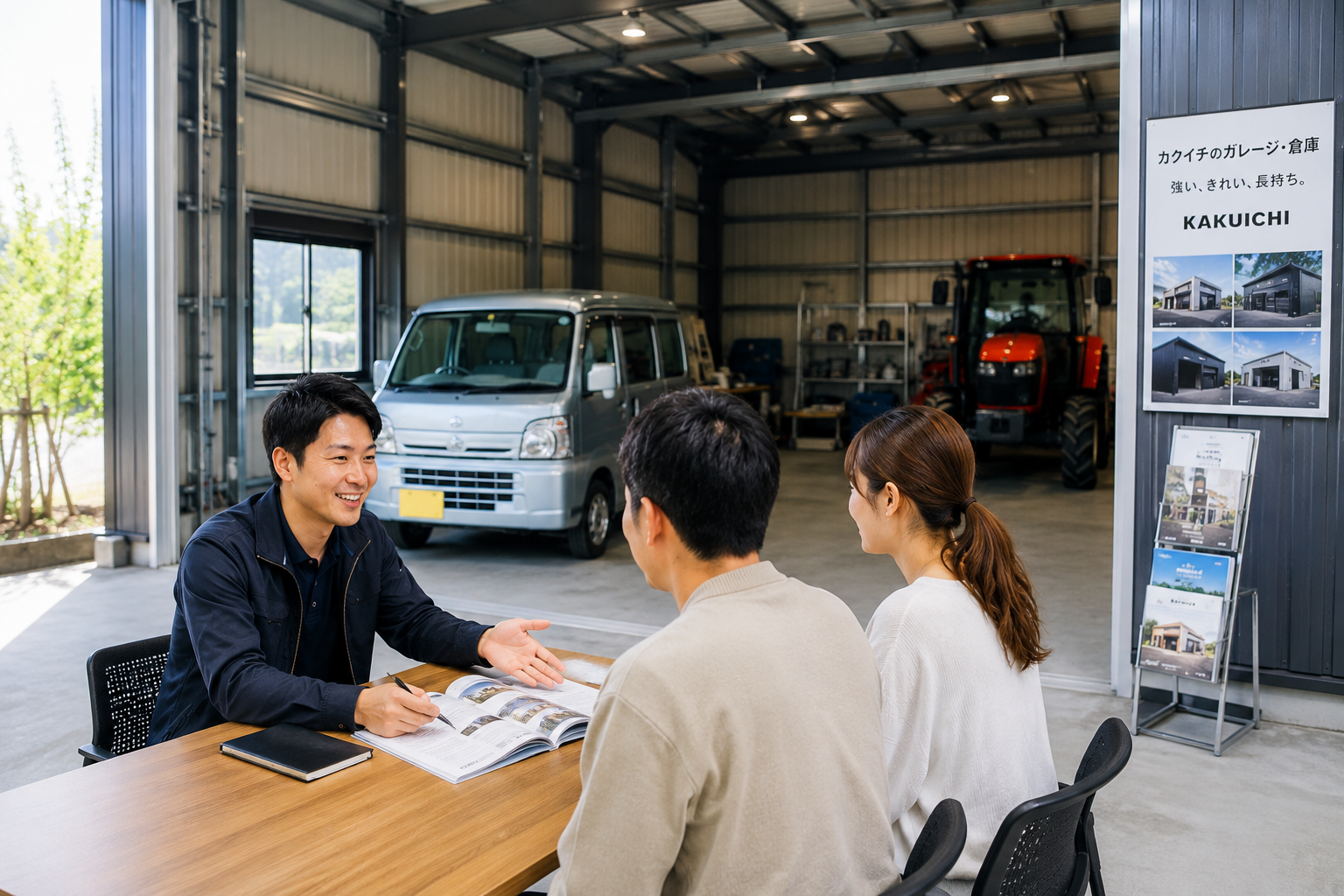 山形県天童市のカクイチ展示棟で車や農機具の収納サイズを相談する見学会の様子
