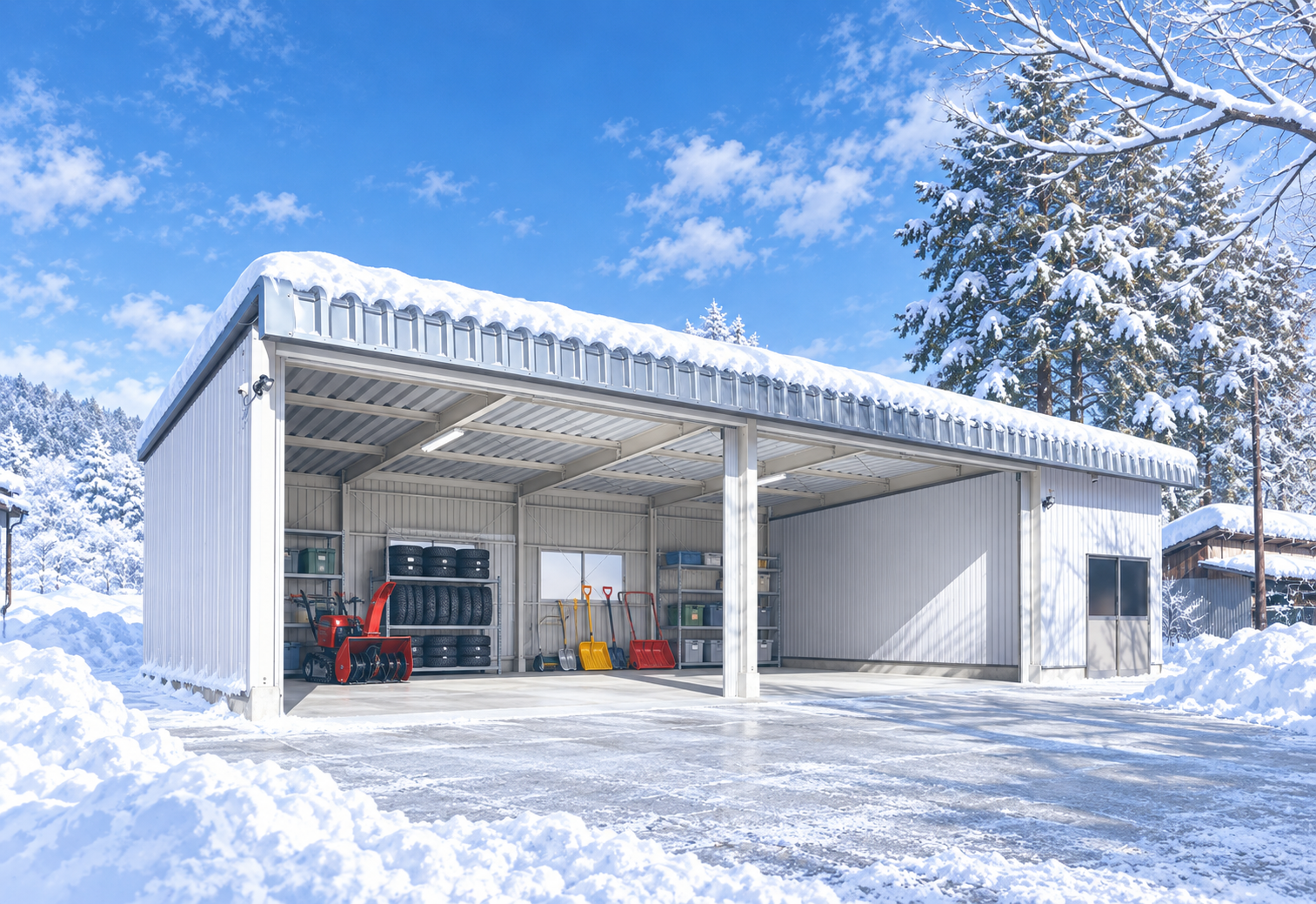 山形県天童市の冬に向けたスタッドレスタイヤや除雪機を収納する頑丈な鉄骨倉庫