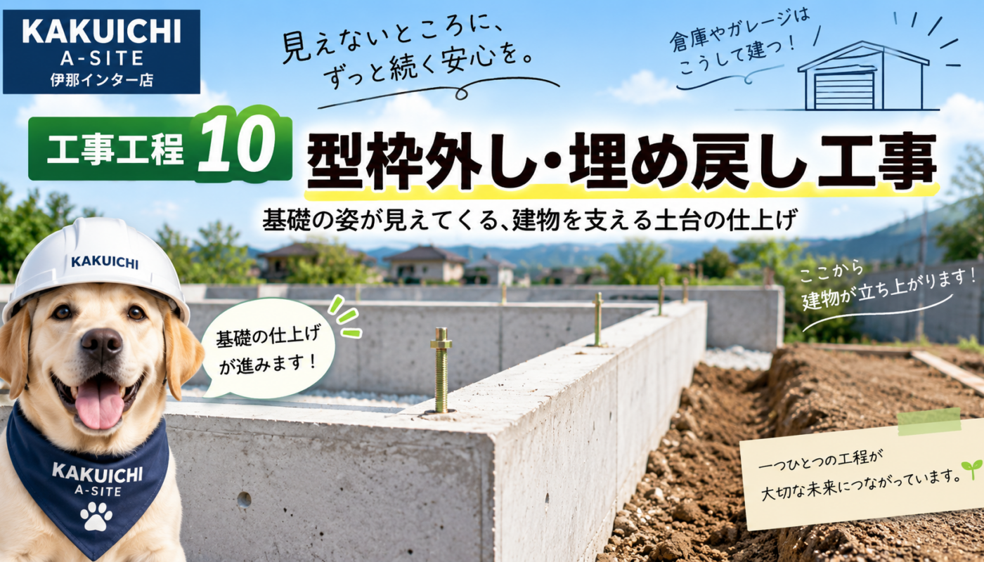 工事工程 1 0型枠外し・埋め戻し工事　基礎の姿が見えてくる、建物を支える土台の仕上げ