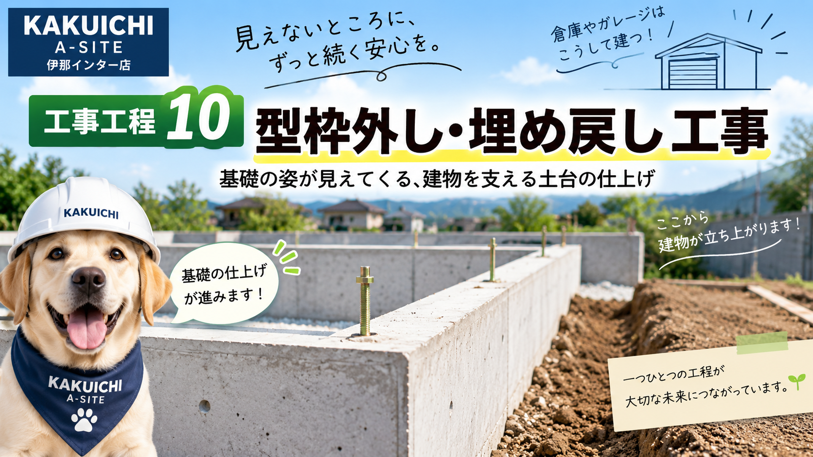 工事工程 1 0型枠外し・埋め戻し工事　基礎の姿が見えてくる、建物を支える土台の仕上げ