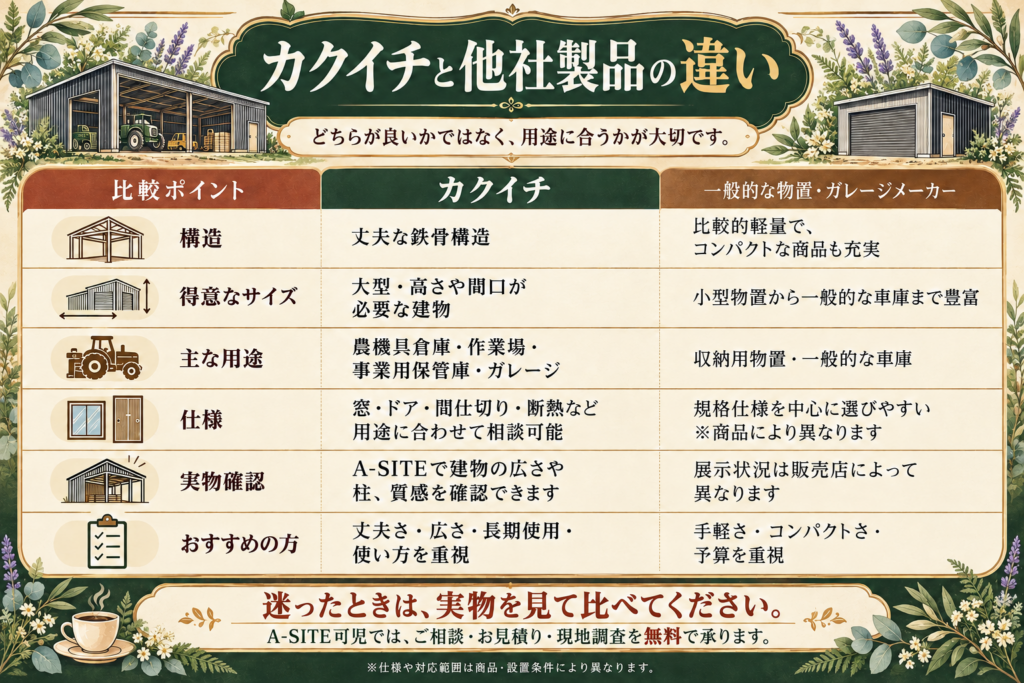カクイチのガレージ・倉庫は他社製品と何が違う？鉄骨構造、サイズ、用途、仕様、価格を比較するポイントをA-SITE可児が分かりやすくご紹介します。
